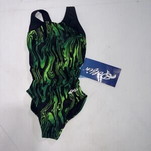 DOLFIN Female Green Training Aero Print HP Back One Piece Swimsuit Girls 24 NEW‎